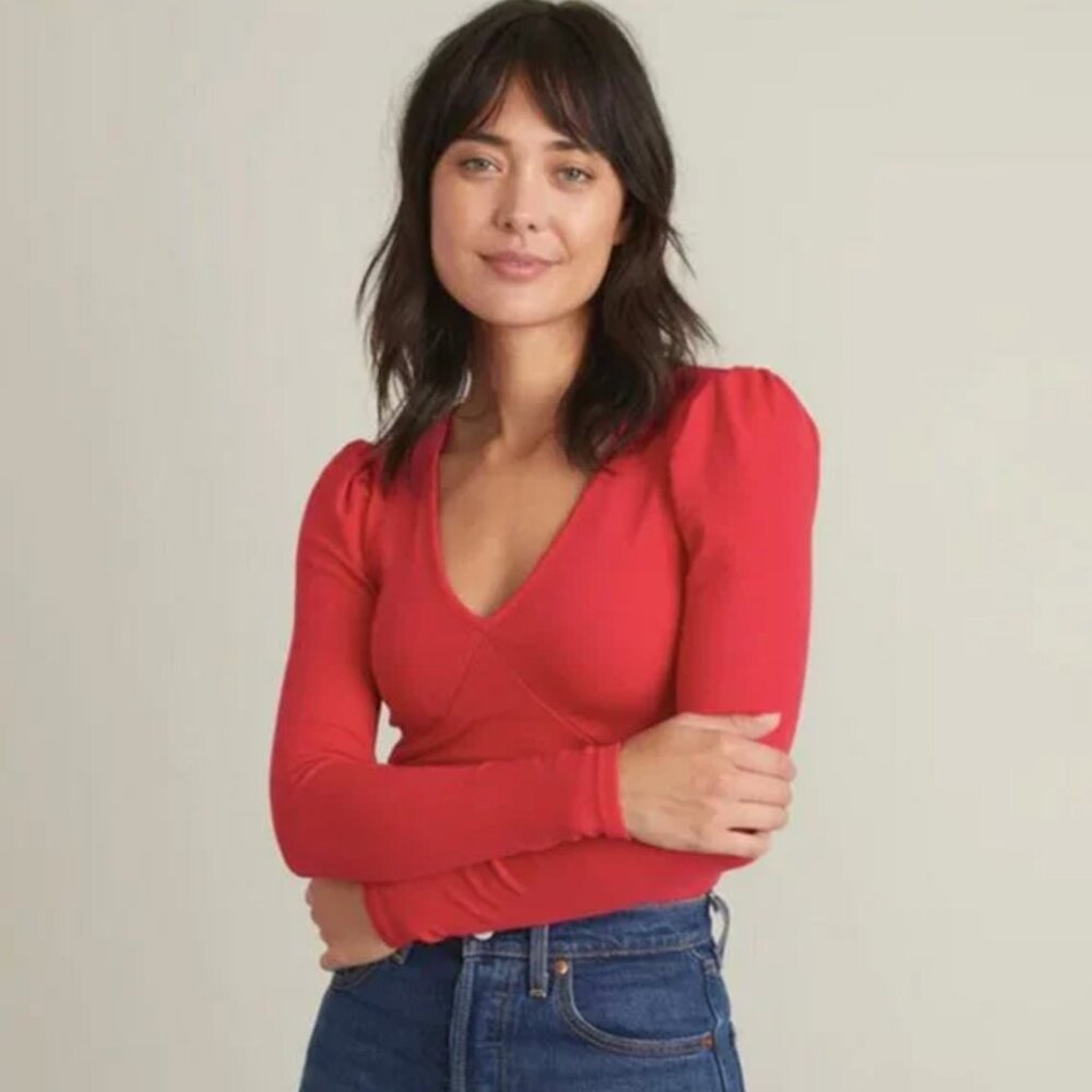 Marine Layer Lexi Rib V-Neck Top, Barberry Pink, Size XS